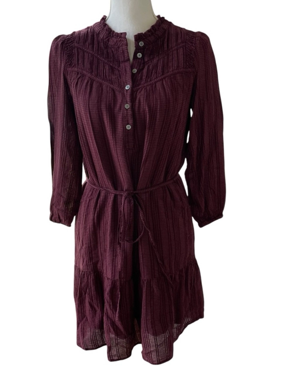 LOFT Wine Button-Front Tie-Waist Long Sleeve Peasant Dress.  Size S